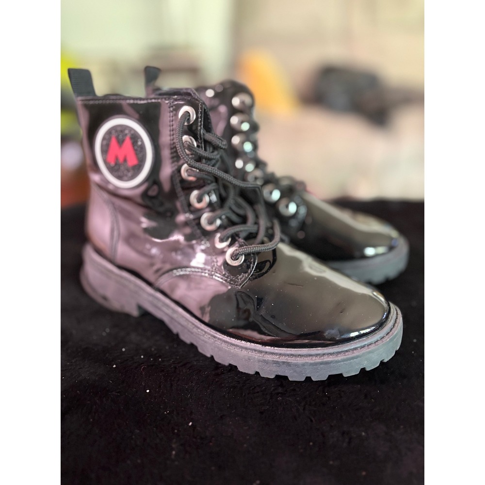 Zara‎ Kids Disney Mickey Mouse Black Patent Combat Boots Side Zip EU 36